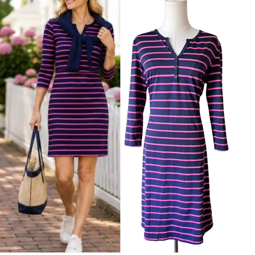 J McLaughlin Lynn Striped Henley Dress Medium Navy Pink Catalina Cloth T-Shirt